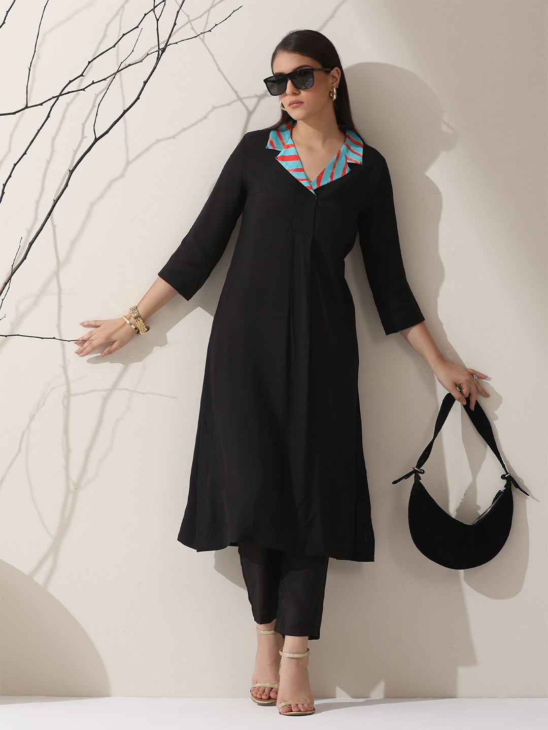 Swtantra Lapel Collar Beads And Stones A-Line Kurta With Palazzo