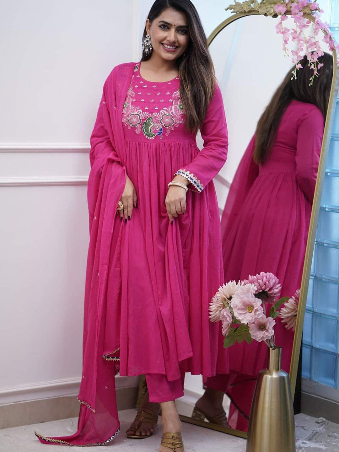 VKOM'S Floral Yoke Design Pleated Thread Work Pure Cotton Anarkali Kurta