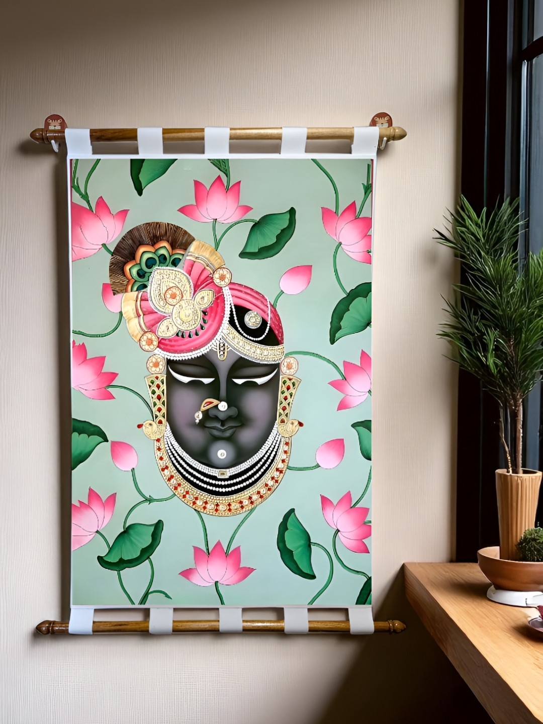 Tushaco Handicrafts Green & Pink Shrinathji Pichwai Canvas Wall Art