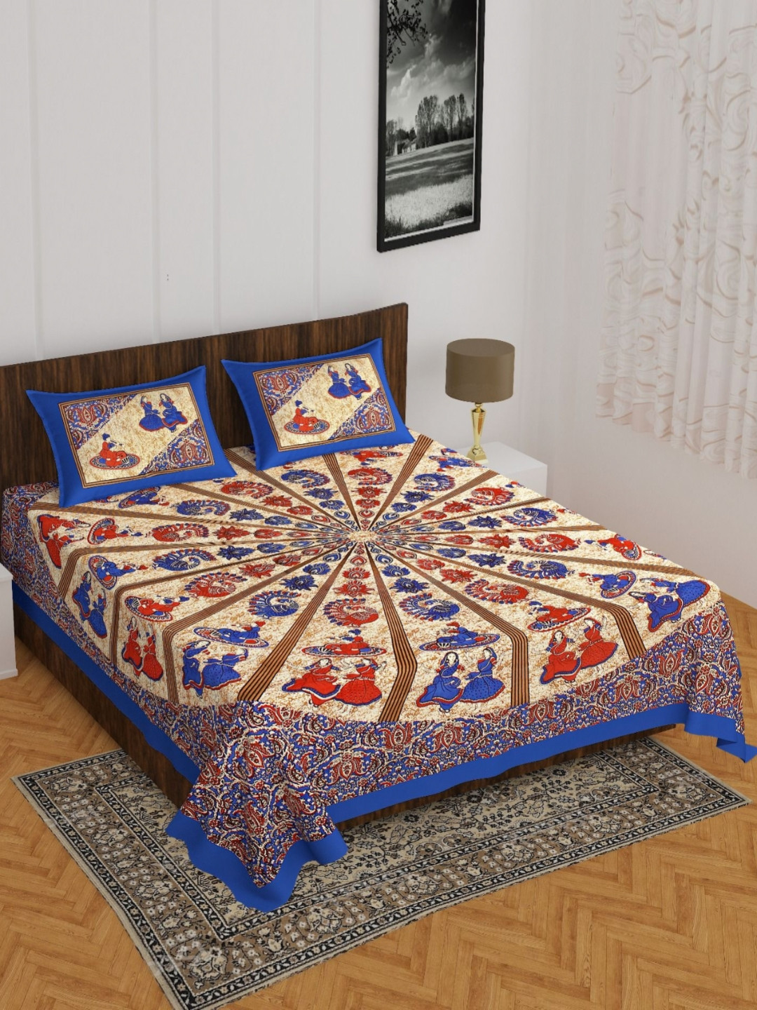 UNIBLISS Blue & Beige Floral Cotton 144 TC Double Queen Bedsheet Set-2.15mx2.35m