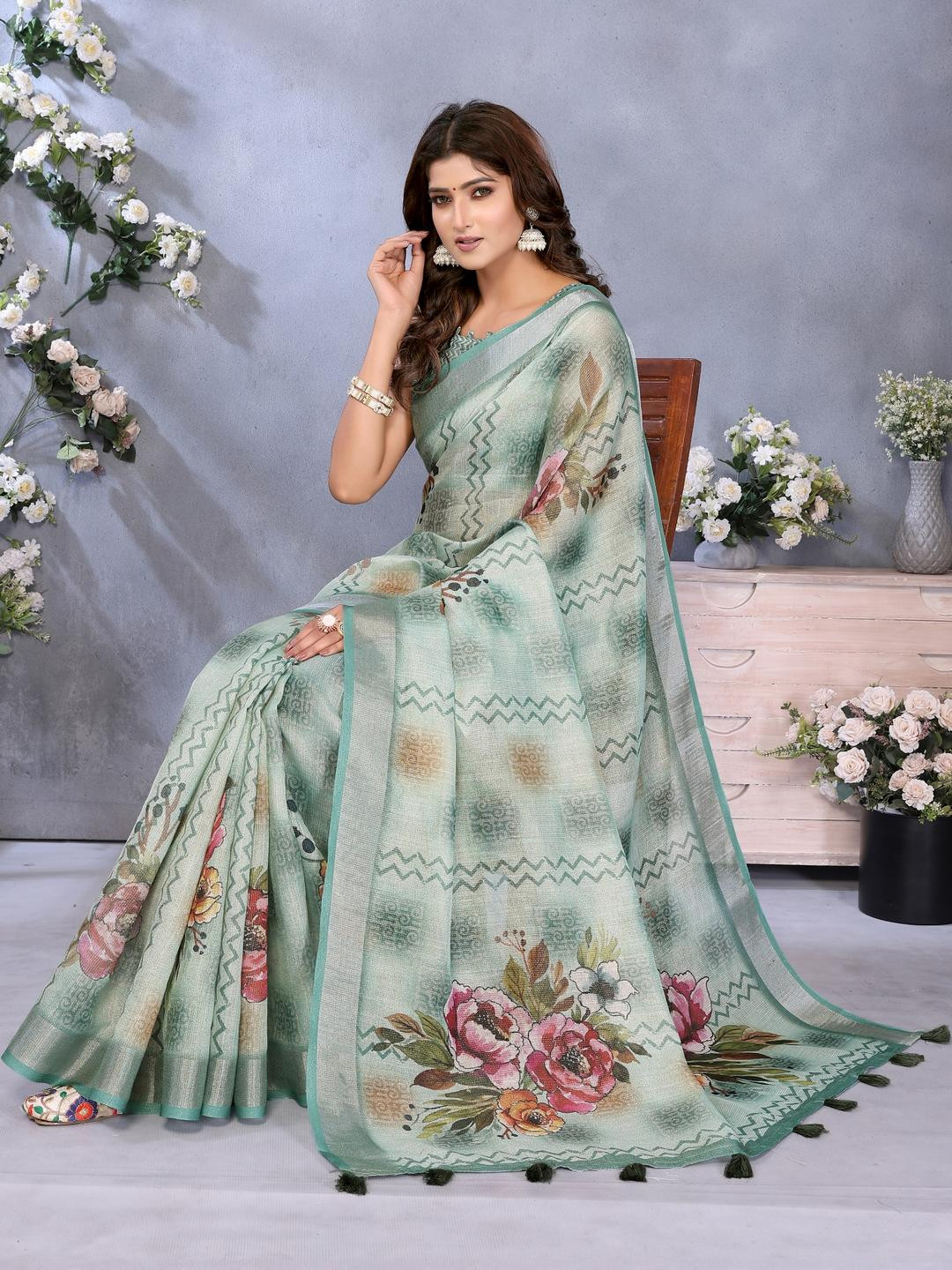 vj fashion Floral Zari Linen Blend Simmer Saree