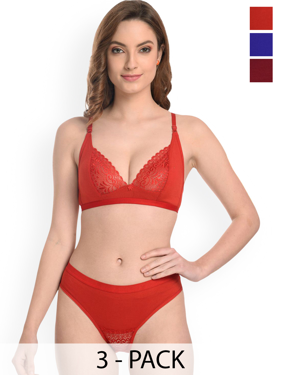 Samvar Pack Of 3 Self Design Non Padded Lingerie Sets A-Yani Set_R,B,M