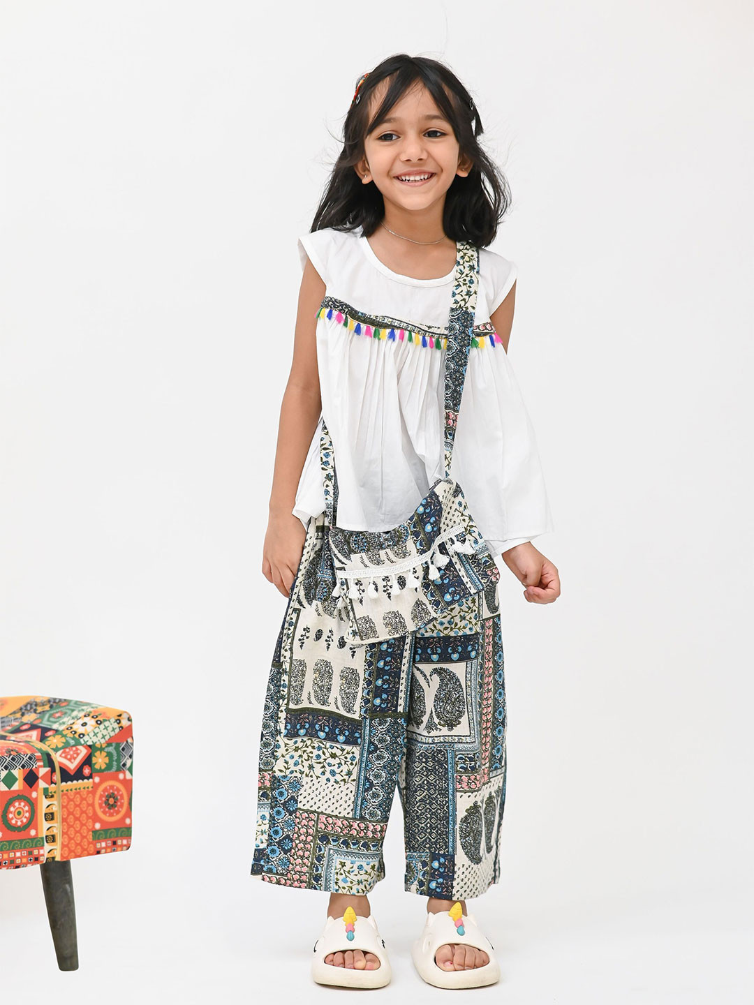 Peekaaboo Kids Girls Round Neck Pure Cotton Top and Palazzo with Bag