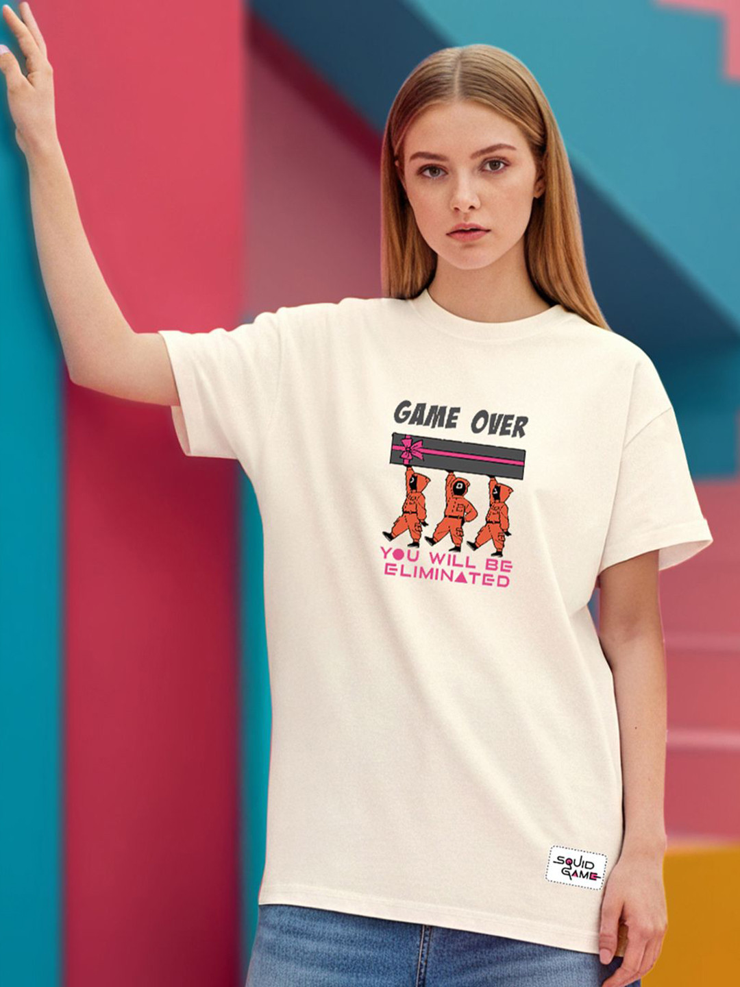 Bewakoof Official Squid Game Merchandise Women Beige Elimination Graphic Printed Boyfriend T-shirt