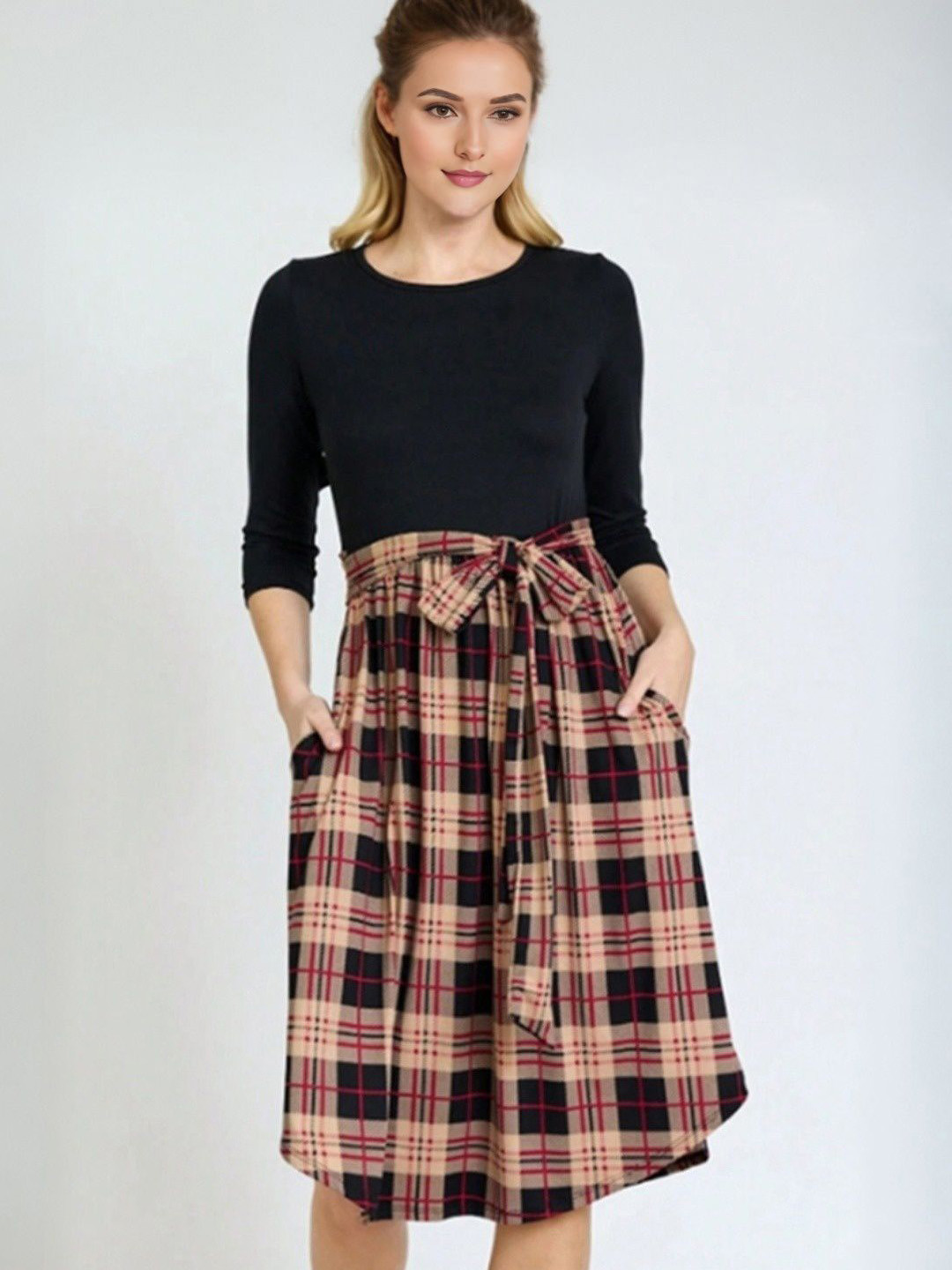 Blooming Tales Checked A-Line Midi Skirt