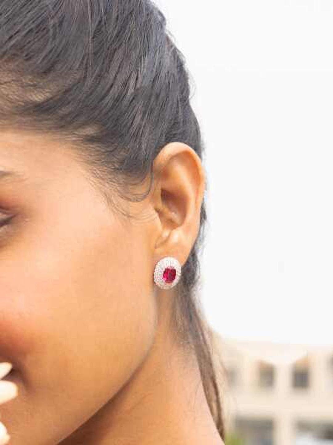 Oval Ruby Solitaire Firoza Studs on Pure 925 Silver.