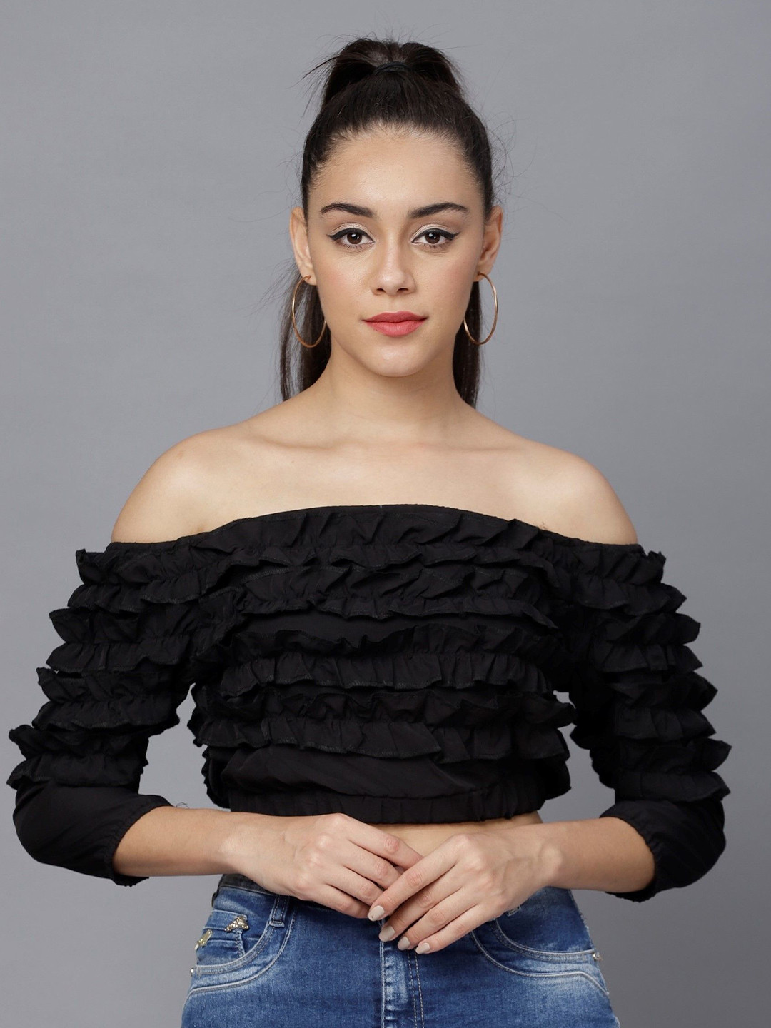 BAESD Women Off-Shoulder Self Design Crepe Top