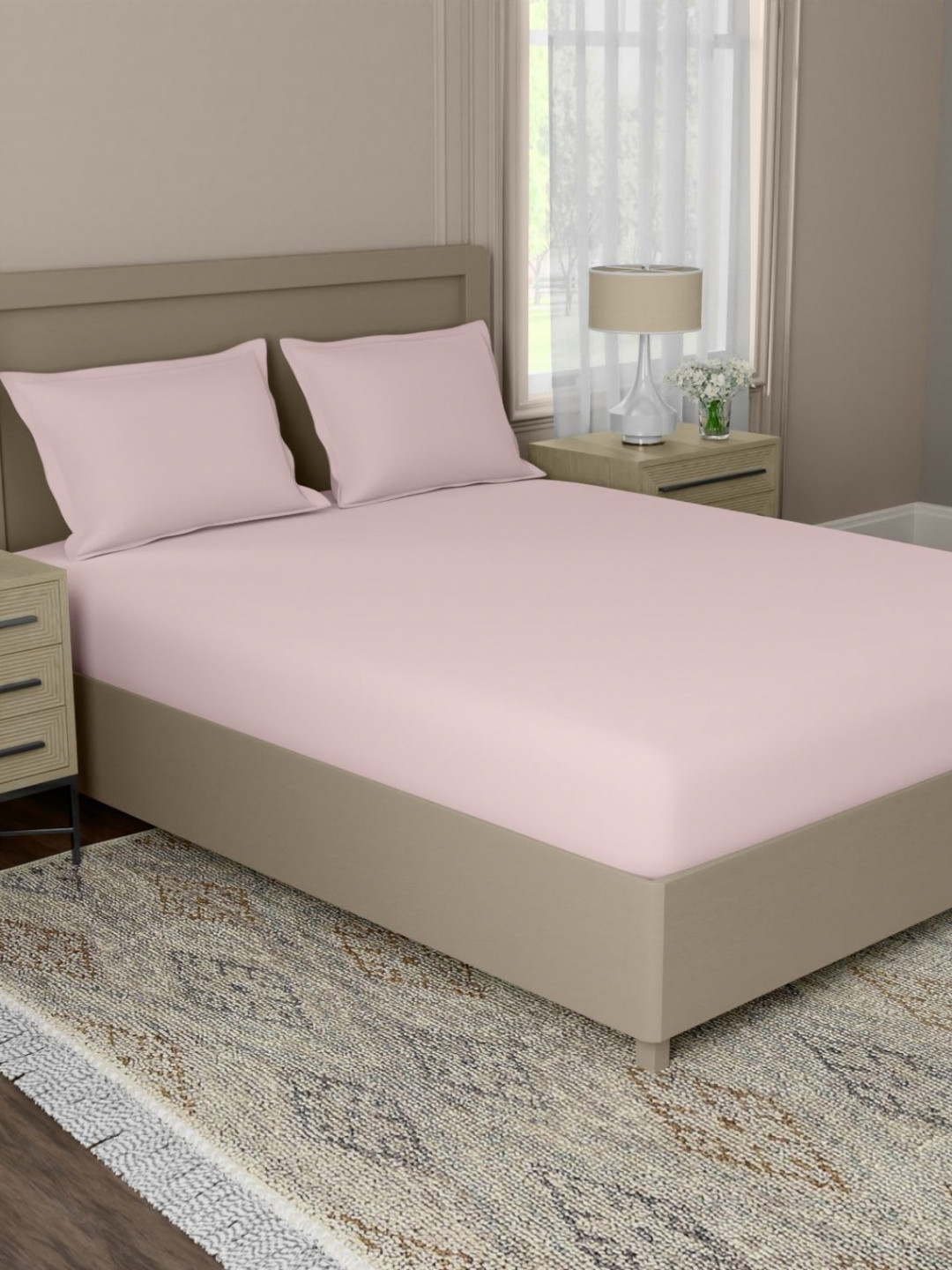 home expressions Harmony Pink Solid Cotton 500 TC Super King Bedsheet Set 2.95 m X 3.05  m