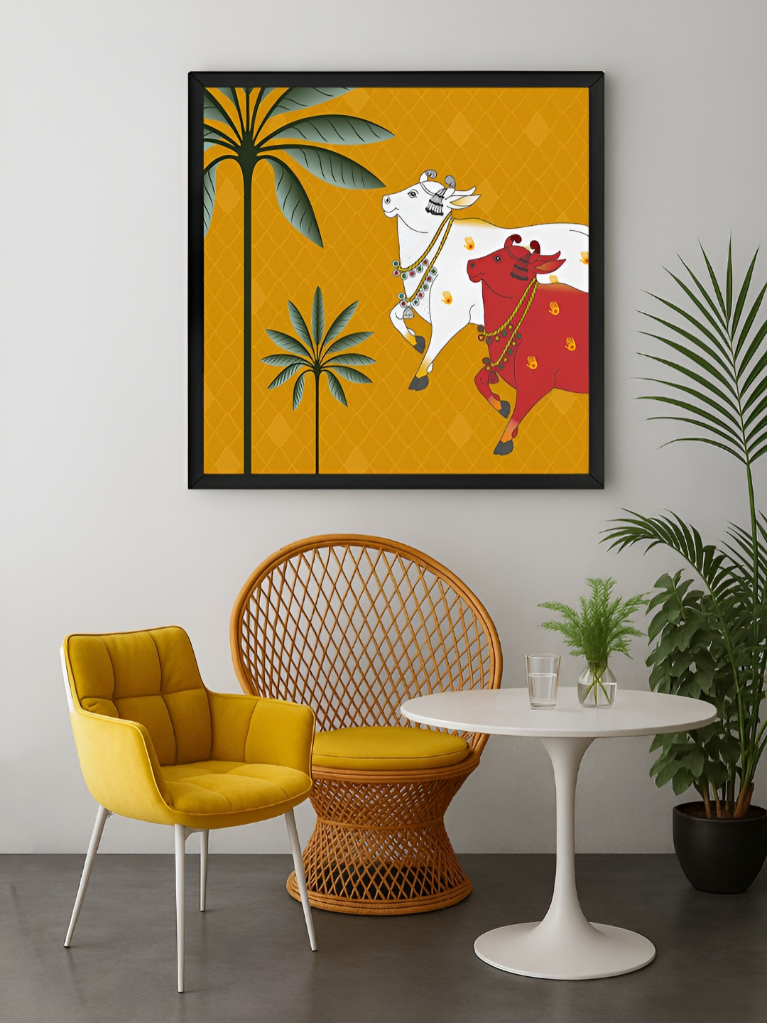 999Store Yellow & White Cow Pichwai Printed Canvas Wall Art