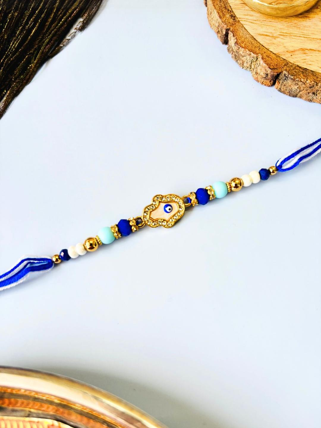Blue Hamsa Hand Evil Eye Rakhi Stone Studded & Beaded Thread Rakhi Traditional Handmade Rakhi for Brother