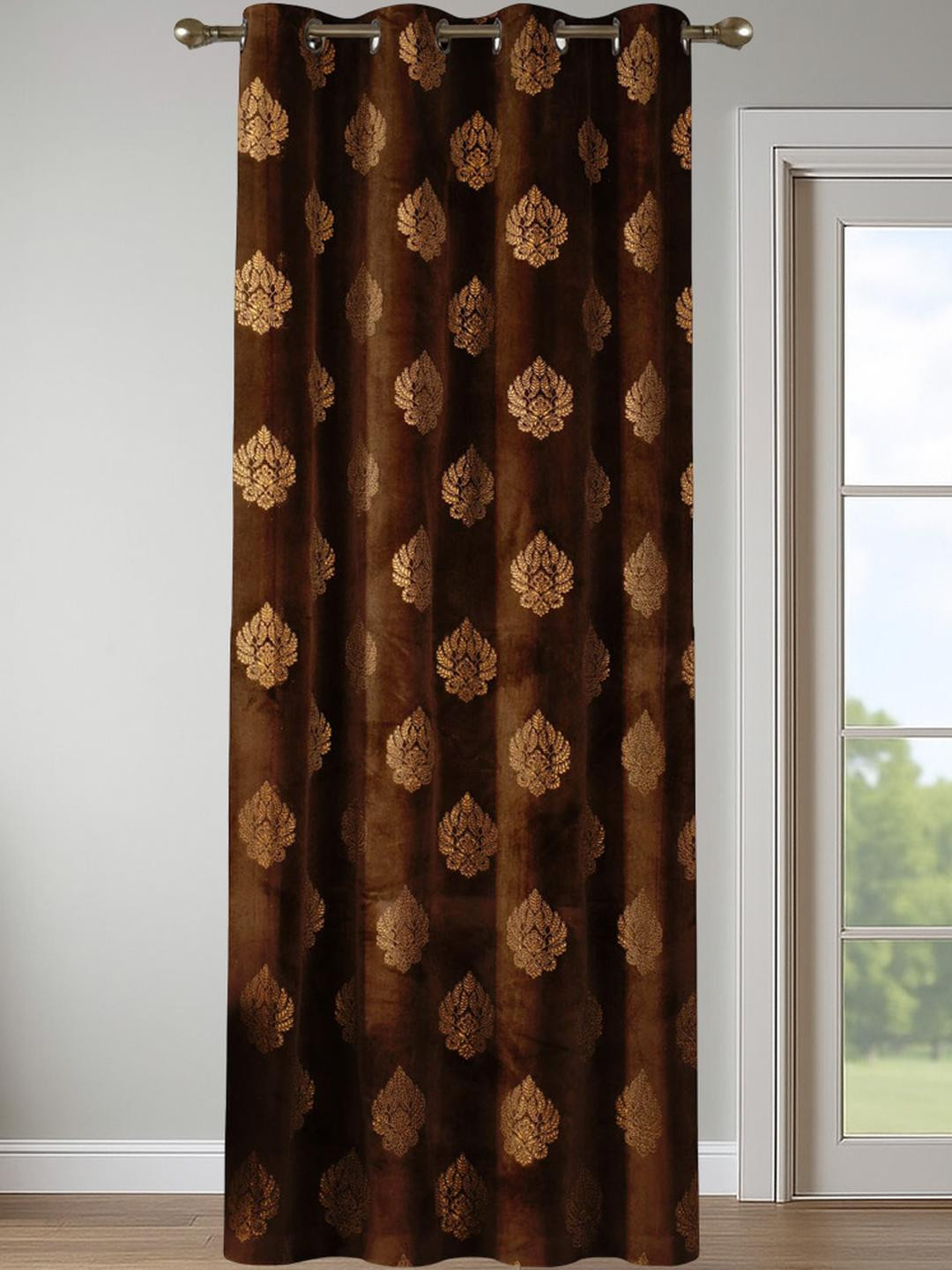 IVAZA Set Of 2 Coffee Brown Ethnic Motifs Printed Black Out Velvet Door Curtains