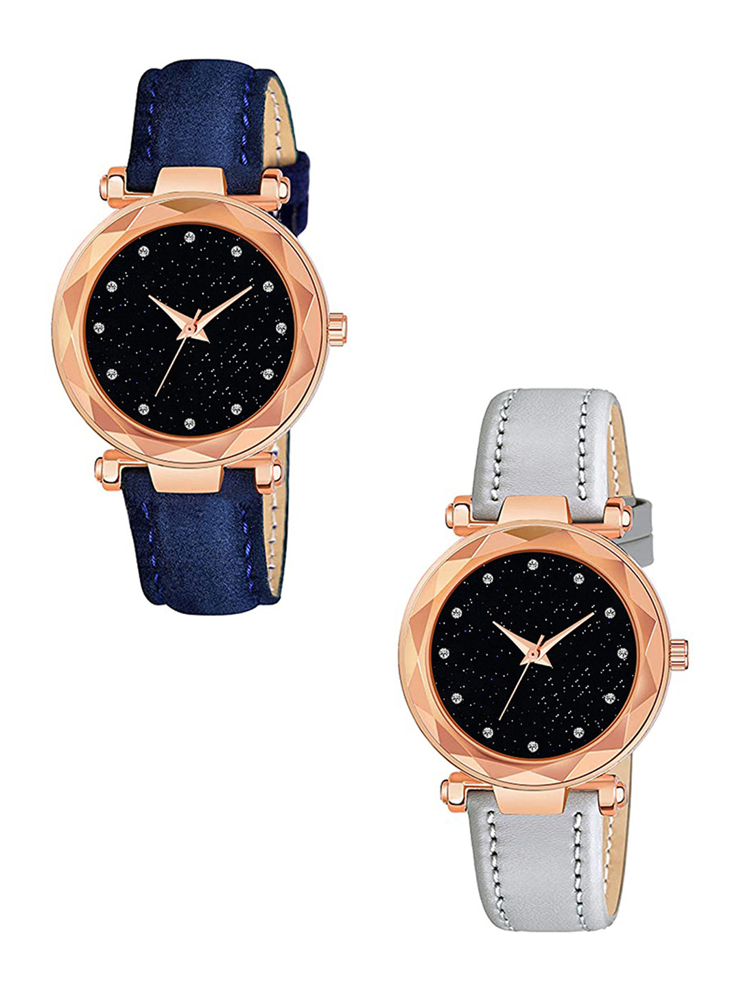 Gopal Shopcart Unisex Pack of 2 Embellished Dial Analogue Watch GR379RG 12D BLU Vel GREY L