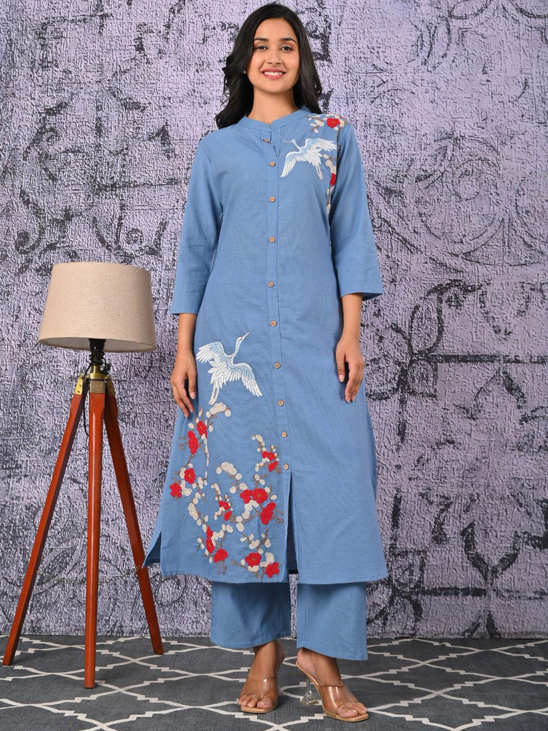 AUTUMN LANE Rajhans Sky Floral Embroidered Thread Work Pure Cotton Kurta With Palazzo