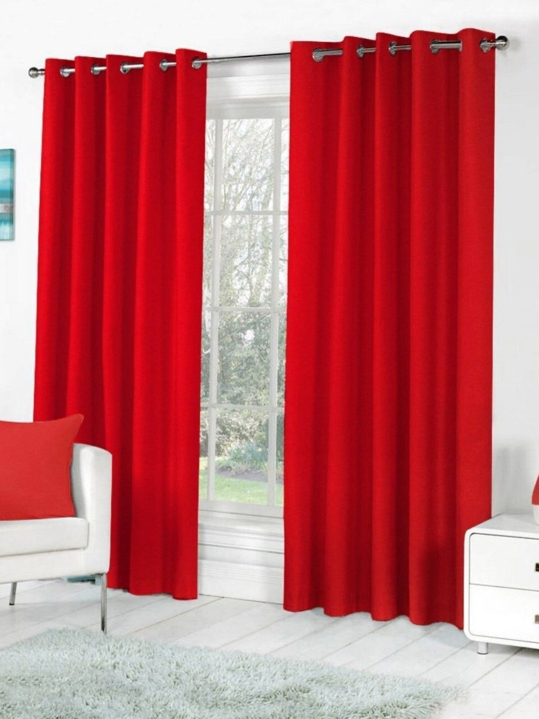 BELLA TRUE Red 2 Pieces Eyelet Fitted Window Curtains