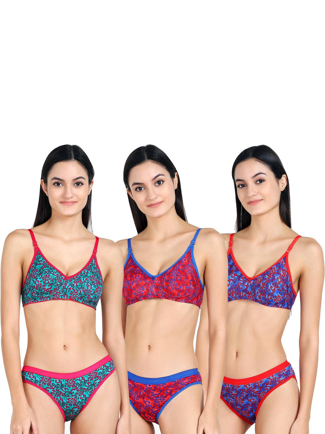 Women Green,Red,Blue Cotton Bra Panty Set for Lingerie Set Undergarments Pack of 3