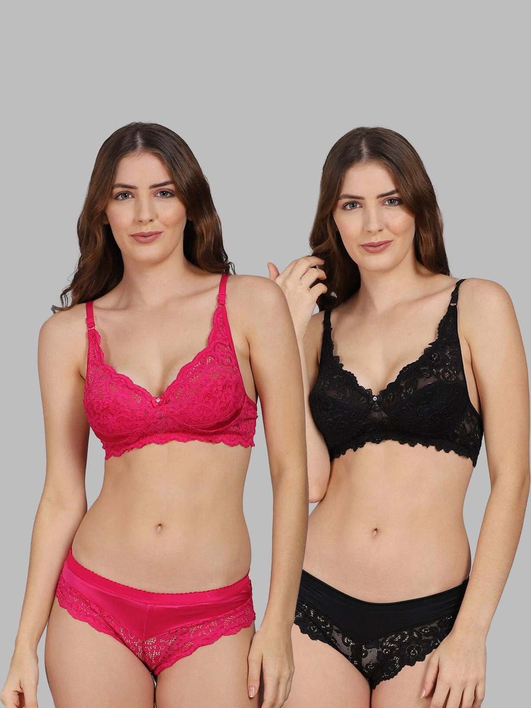 Women Red,Black Net Bra Panty Set for Lingerie Set Undergarments Pack of 2