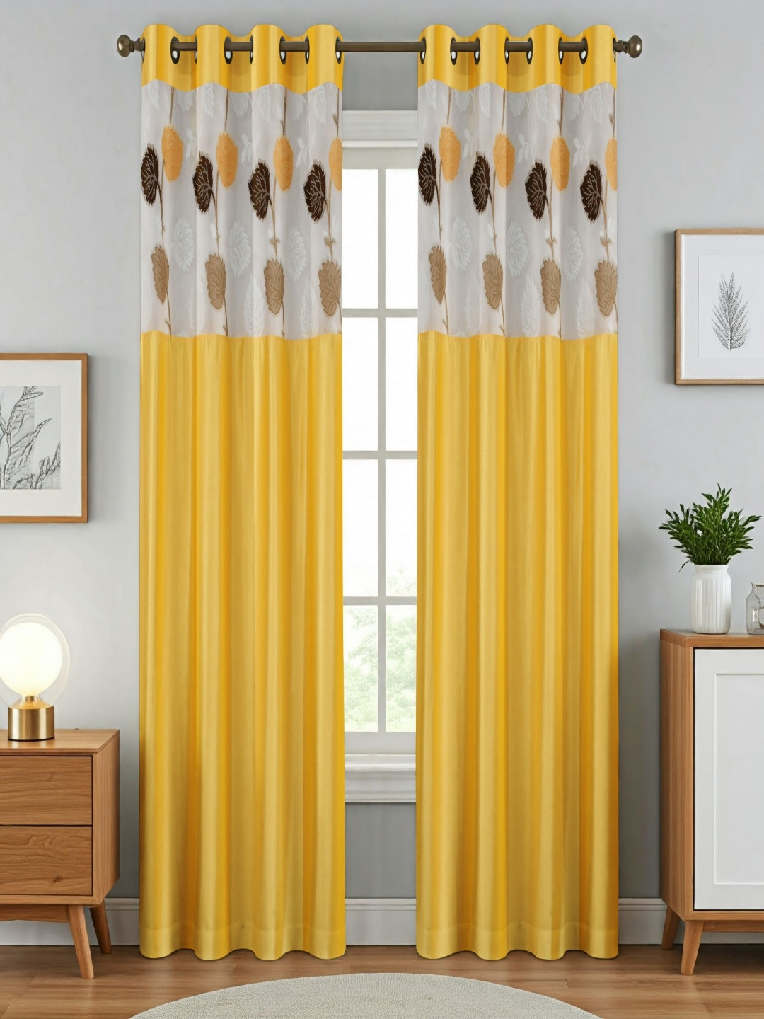 Aura Yellow And White 2 Pieces Floral Printed Sheer Long Door Curtains