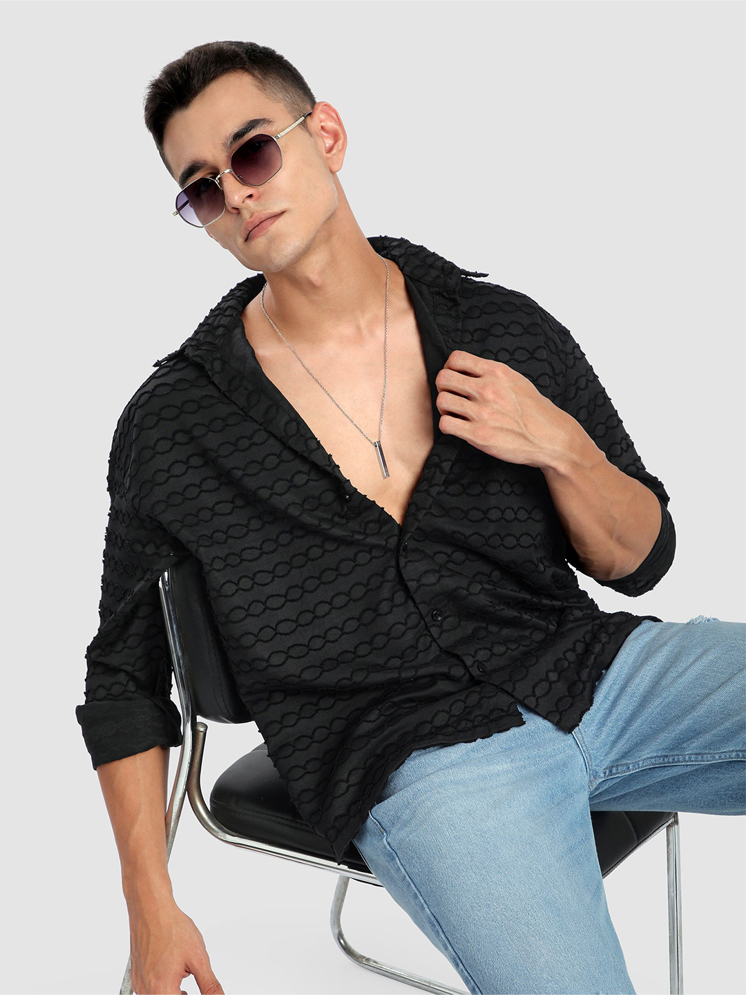 Beyoung Men Black Fur Wave Textured Shirt