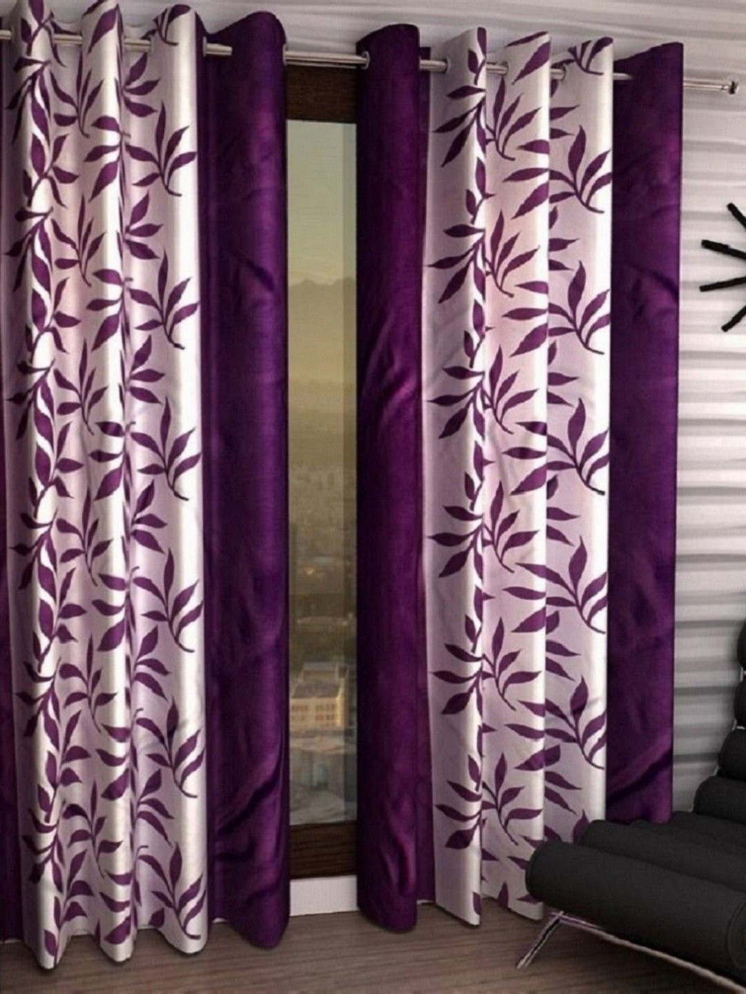 BELLA TRUE Purple & Whiten 2 Pieces Floral Printed Long Door Curtains