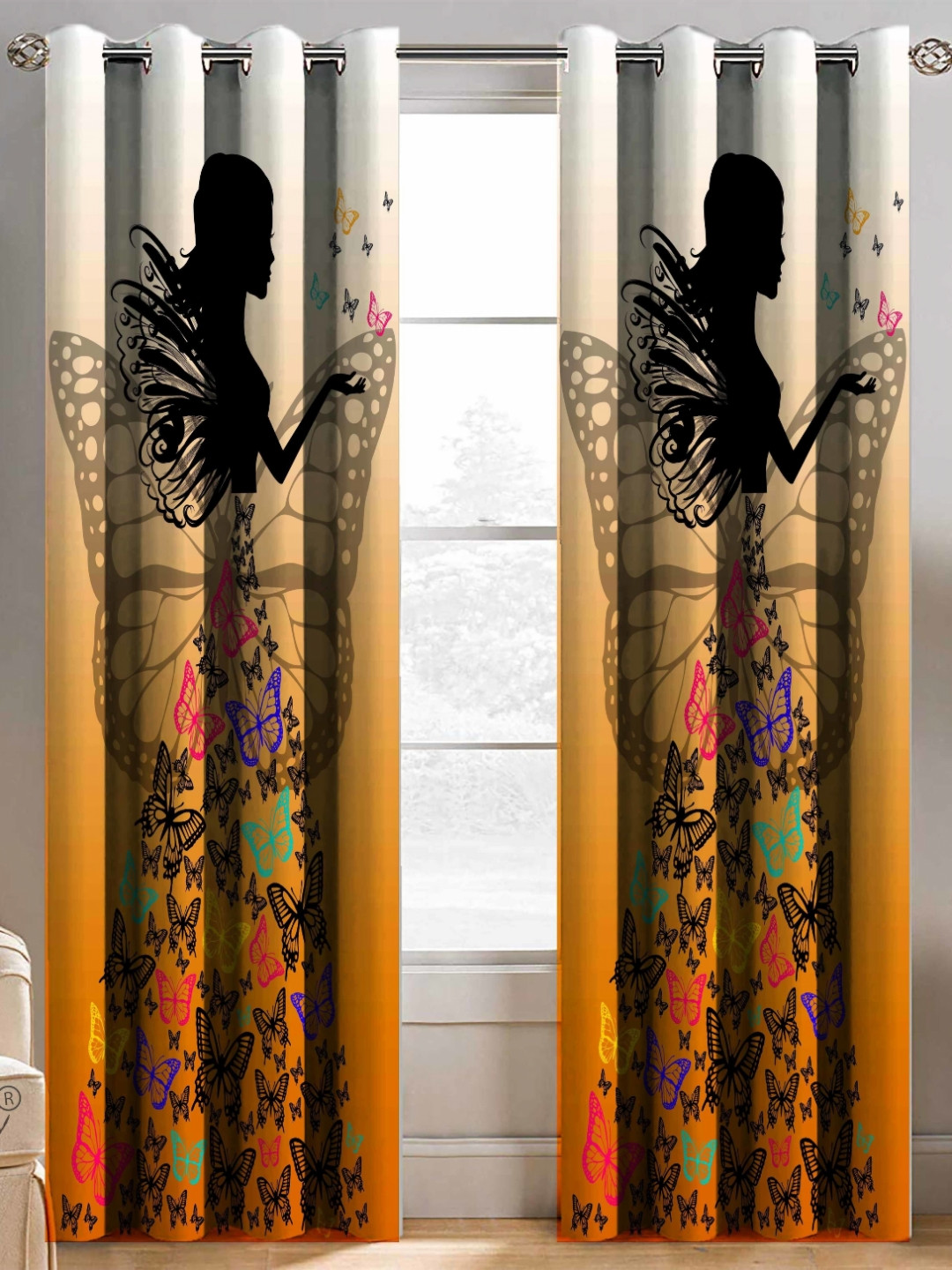 BELLA TRUE Orange & Black 2 Pieces Abstract Printed Black Out Window Curtains