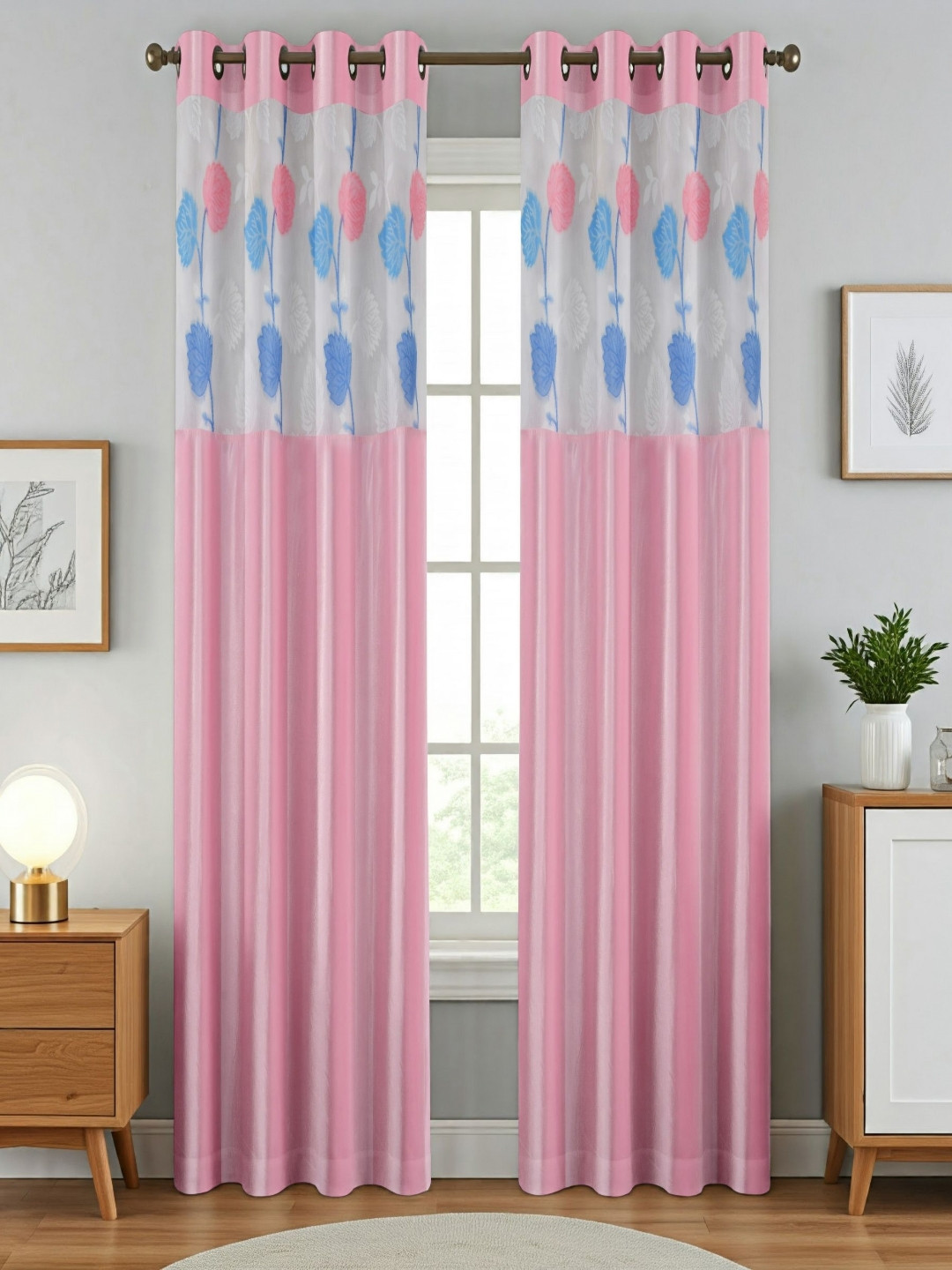 Aura Pink And White 2 Pieces Floral Printed Sheer Door Curtains