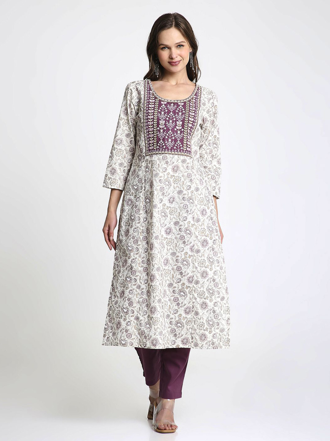 Saffron Threads Floral Printed Pure Cotton Round Neck Straight Kurta