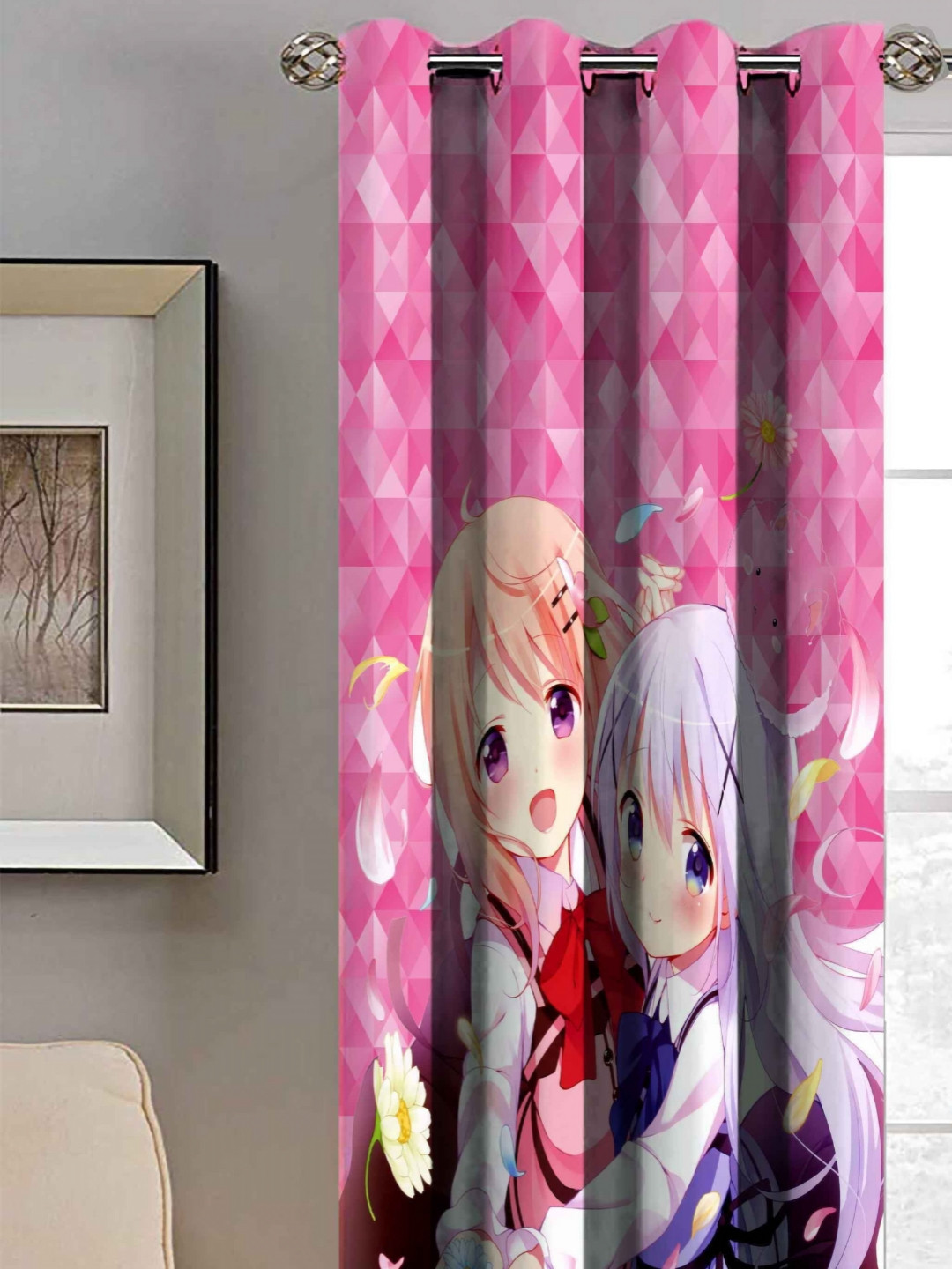 BELLA TRUE Pink & Blue Abstract Printed Eyelet Fitted Door Curtains