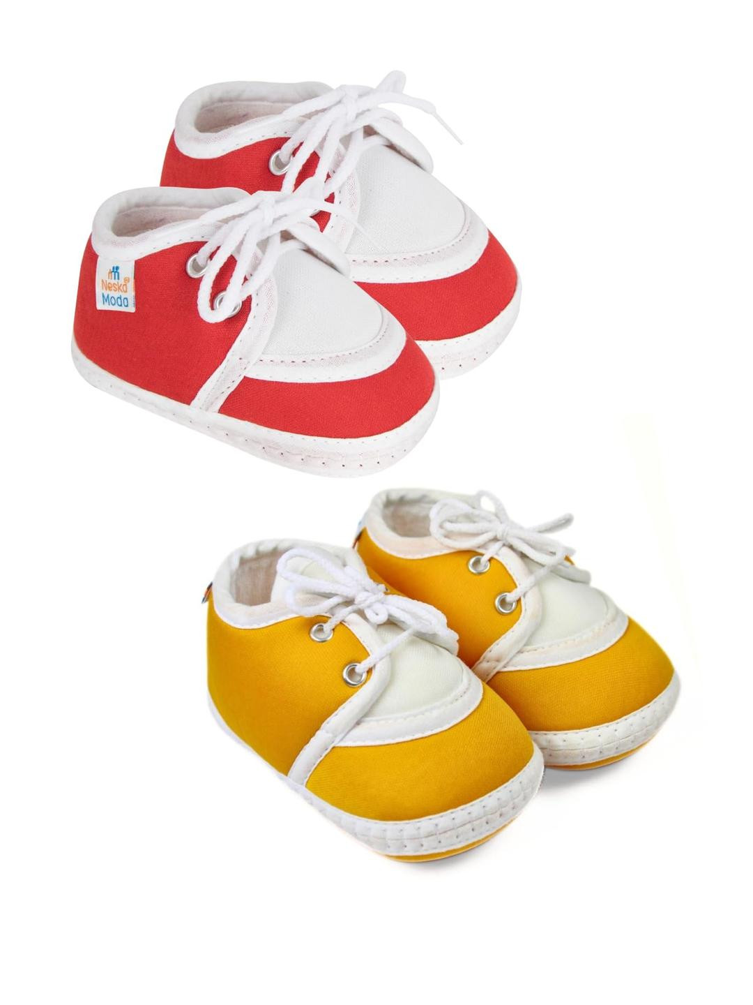 Neska Moda Newborn Baby 3 To 12 Month 2 Pair Combo Skin Friendly Soft Cotton Lace Shoes Booties (Toe to Heel Length - 12 cm, Red, Turmeric)