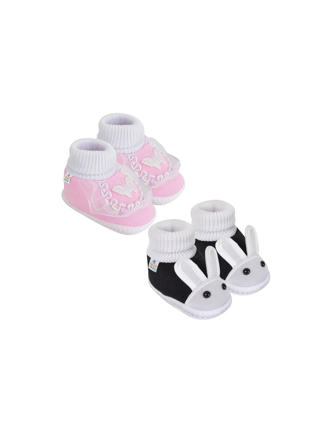 Neska Moda 0 To 6 Months Newborn Baby Girls Set of 2 Pair Soft Cotton Frill Butterfly Shoes Booties (Toe to Heel Length - 10 cm, Baby Pink, Black)