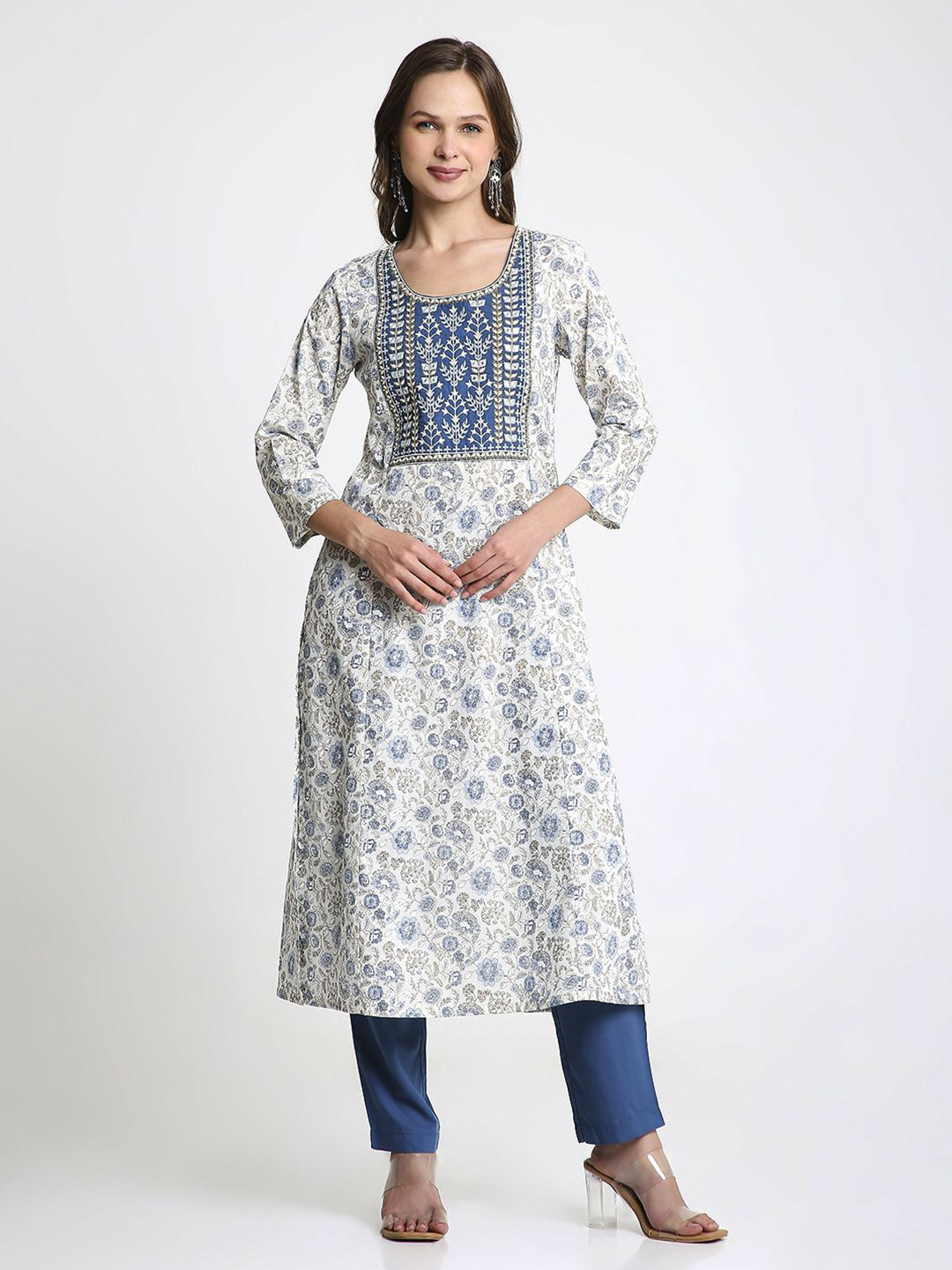 Saffron Threads Women Floral Printed Screen Print Festive Cotton A-Line Kurta