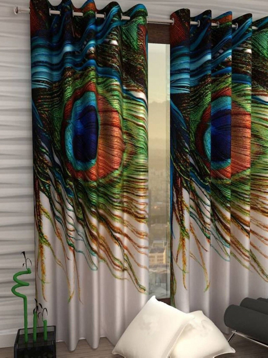 BELLA TRUE White & Green Set of 2 Pieces Ethnic Motifs Long Door Curtains