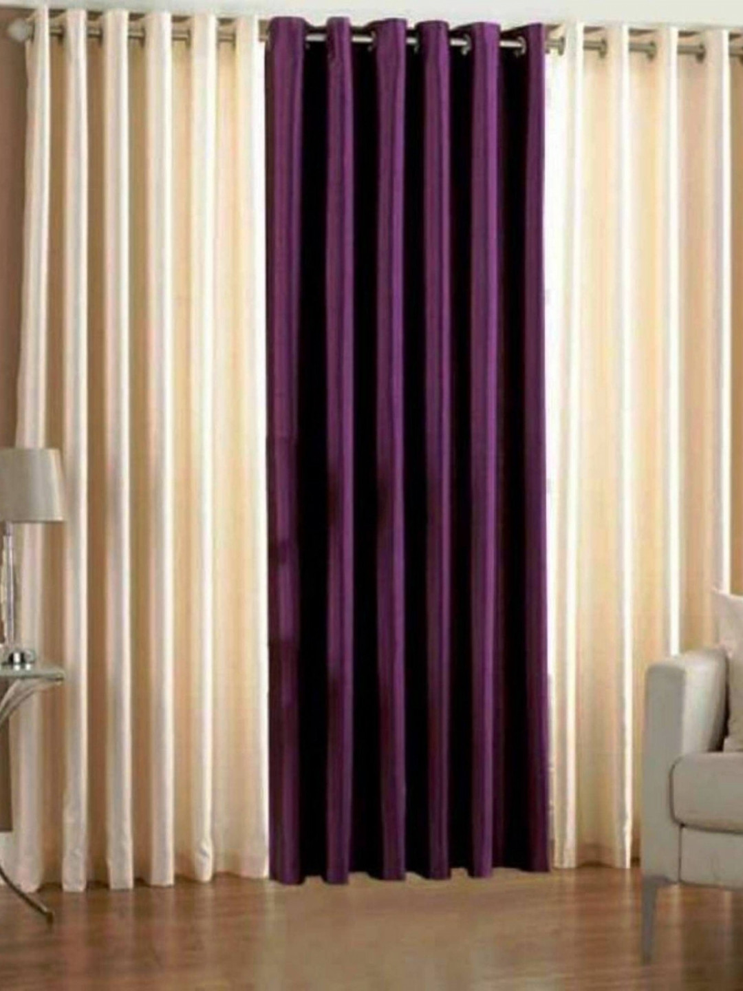 BELLA TRUE 3 Pieces Cream & Purple Window Curtains