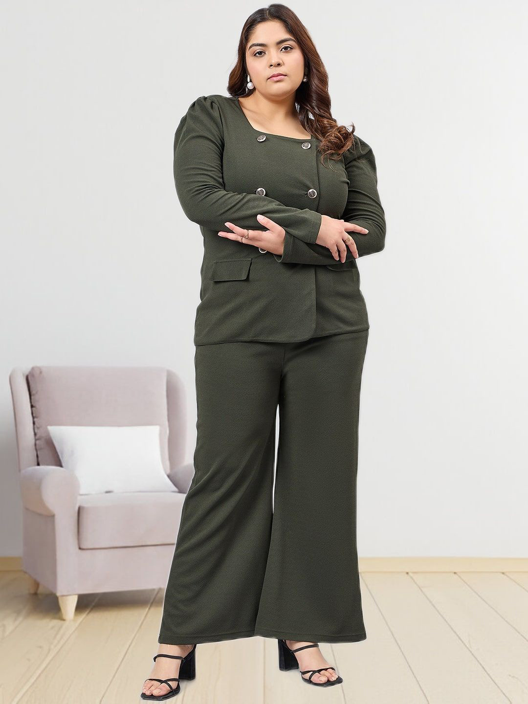 Sztori Plus Size Square Neck Blazer With Trousers