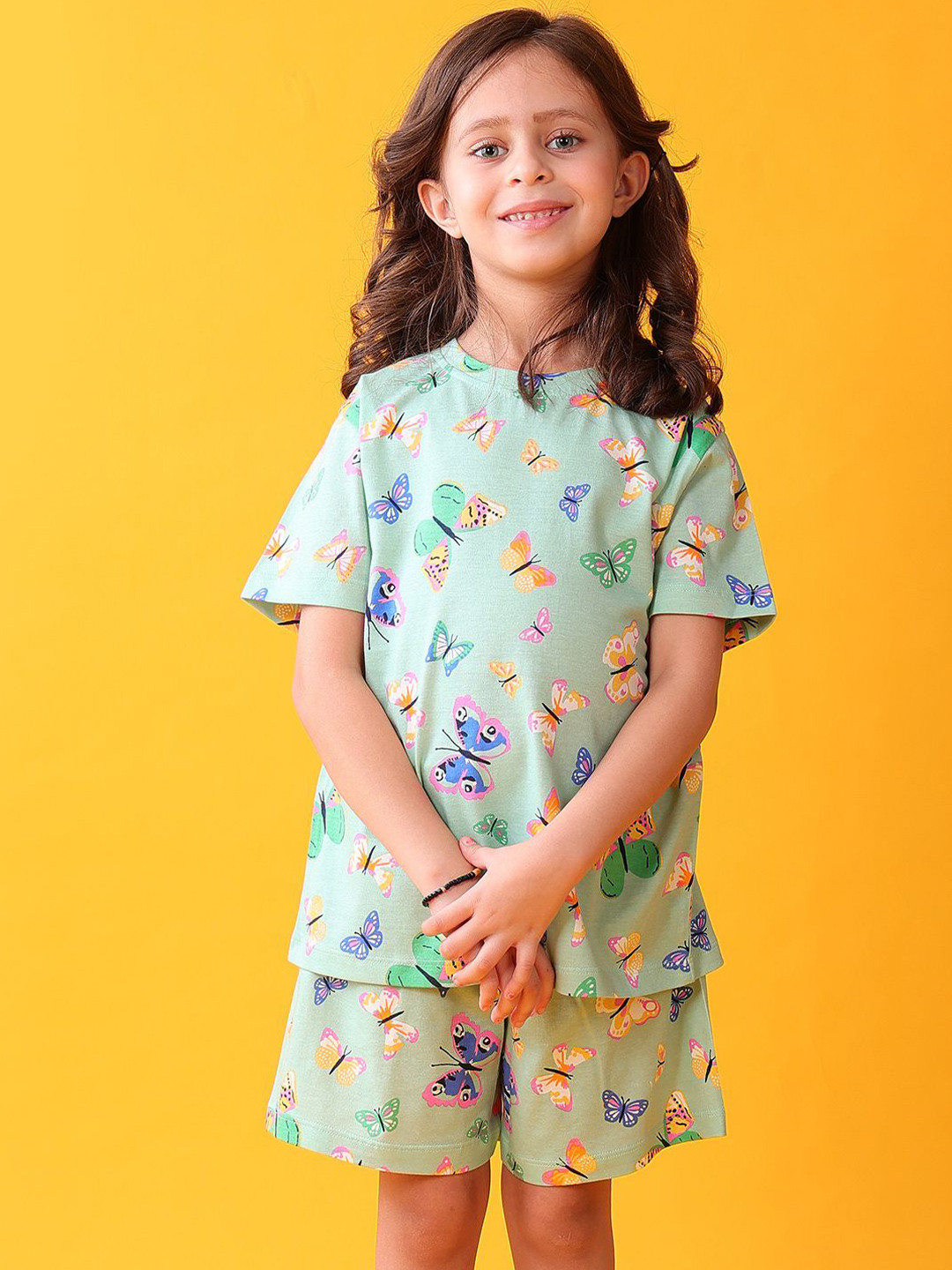 Anthrilo Girls Green Cotton Butterfly Sleepwear Shorts Set Night suit