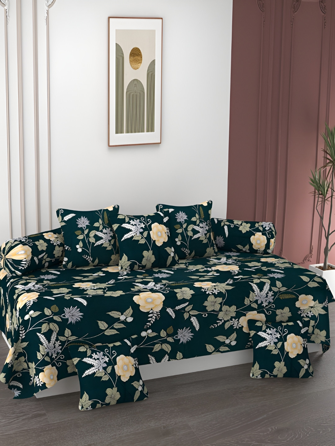 AMRANGE Teal & White 8 Pcs Floral Printed Bedsheet with Bolster and Cushion Covers