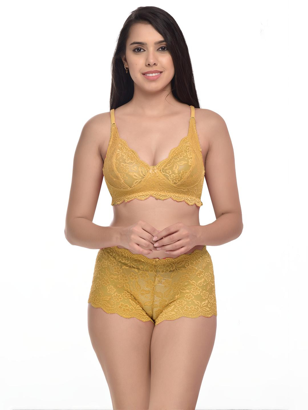 Women Yellow Net Bra Panty Set for Lingerie Set Undergarments Pack of 1
