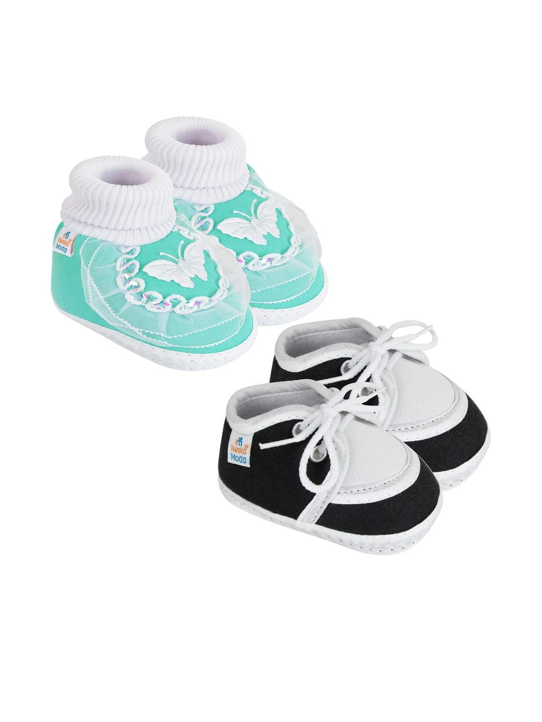 Neska Moda 12 To 18 Month Non Slip 2 Pair Set Toddler Baby Boy & Girl Soft Cotton Lace Shoe Booties (Toe to Heel Length - 13 cm, Black, Mint)