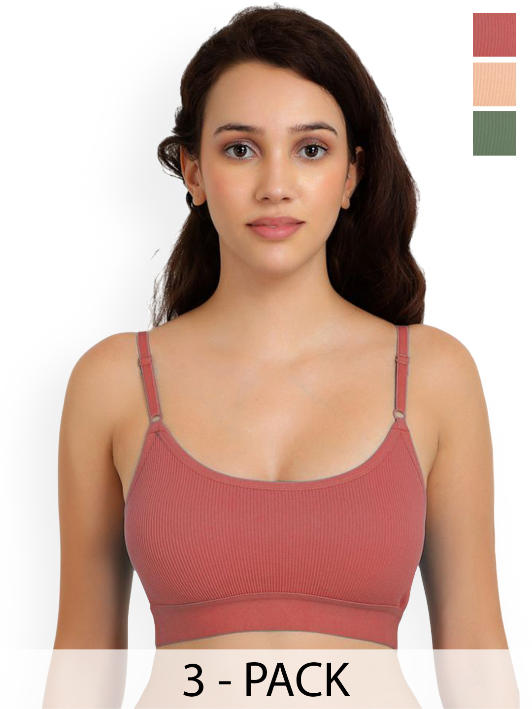 Samvar Pack Of 3 Ribbed Cotton Non-Wired Non Padded Lingerie Set B_Goma Set_O,G,Br