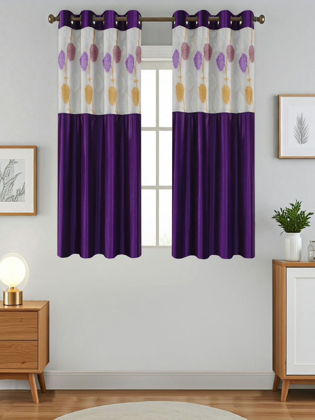 Aura Purple And White 2 Pieces Floral Printed Sheer Window Curtains