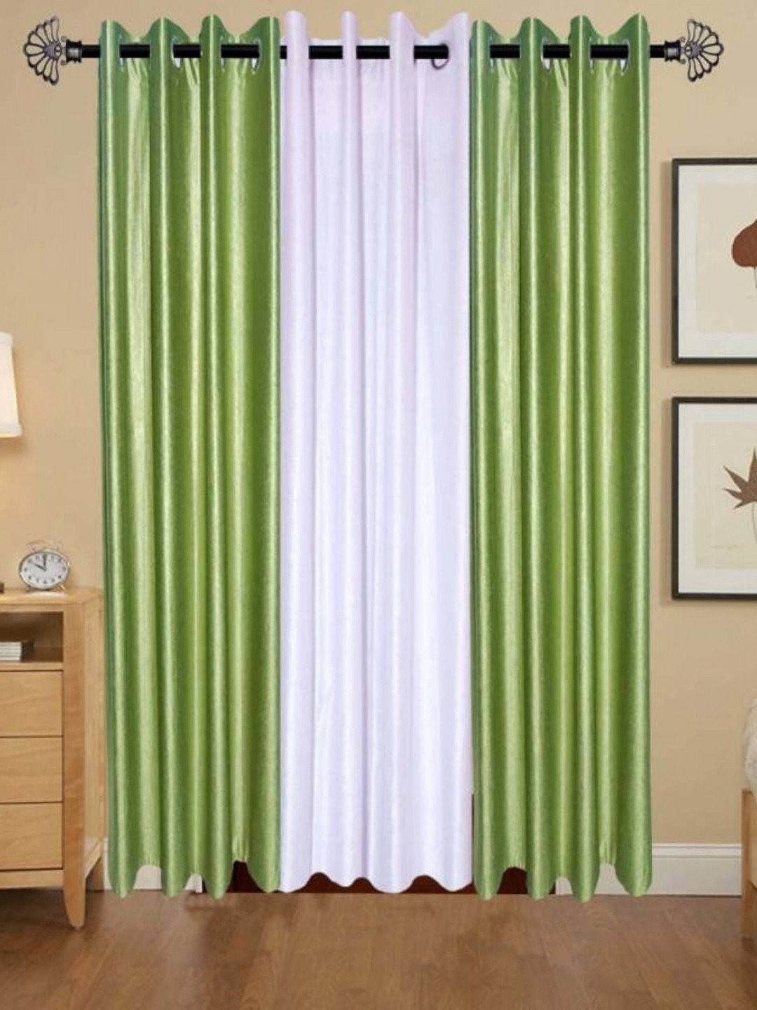 BELLA TRUE Green & White 3 Pieces Eyelet Fitted Window Curtains