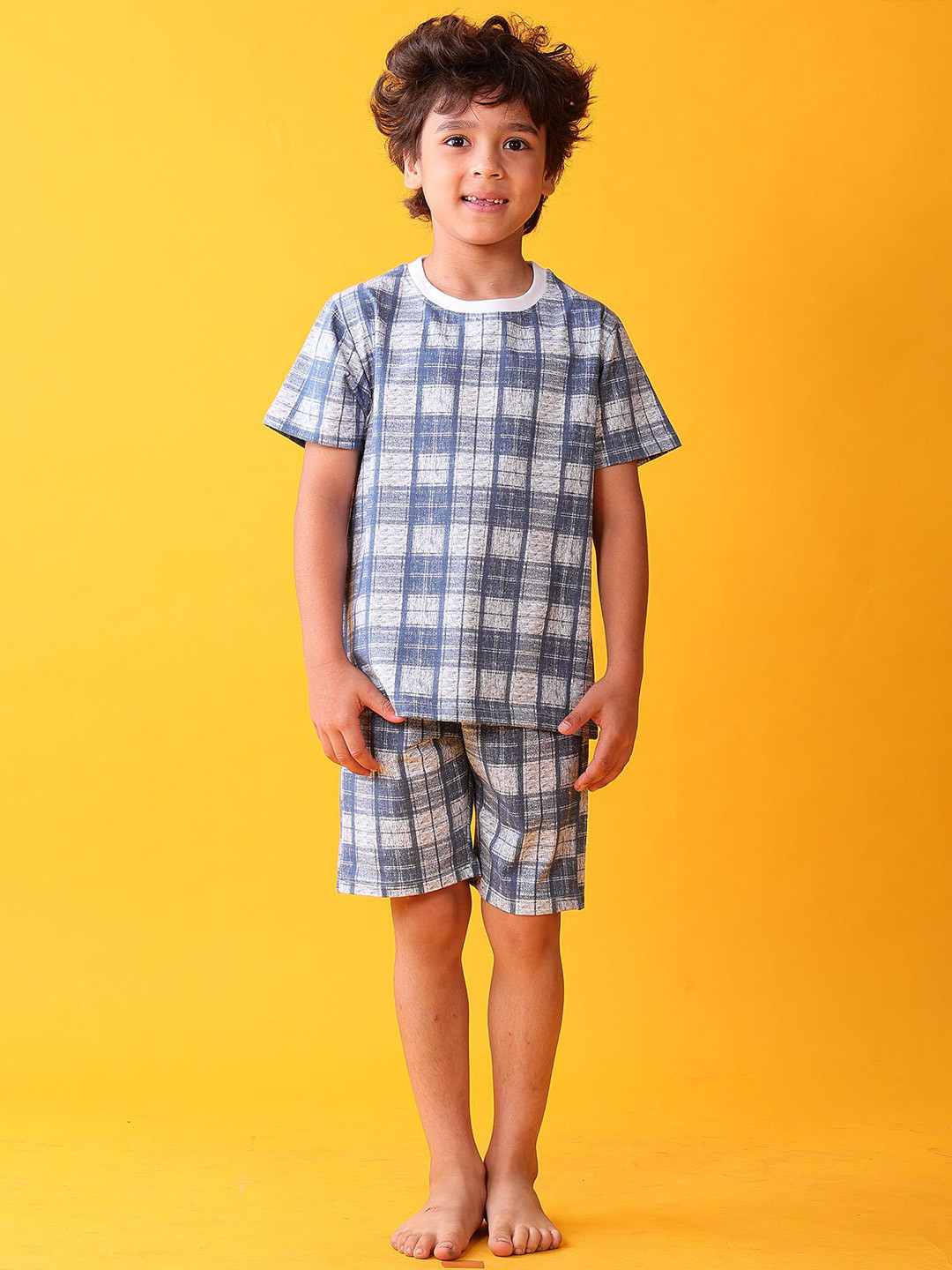 Anthrilo Boys Pure Cotton Check Blue Sleepwear Short Set