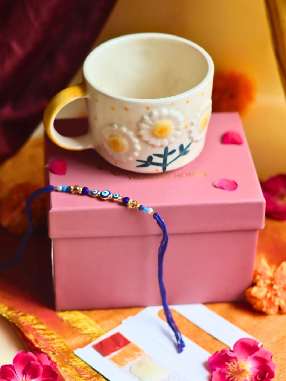 WEAVING HOMES Sunflower Bloom White & Blue Printed Ceramic Mug 250ml With Rakhi