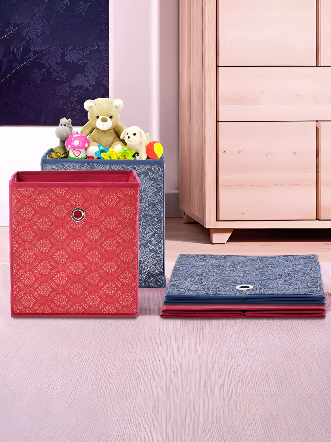 Aura Maroon 4 Pieces Foldable Square Drawer Organizer
