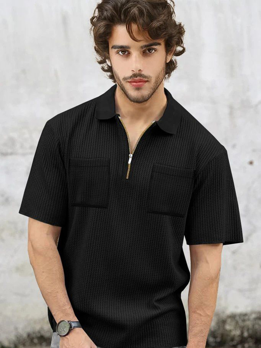 TRIPR Self Design Polo Collar Short Sleeves T-shirt