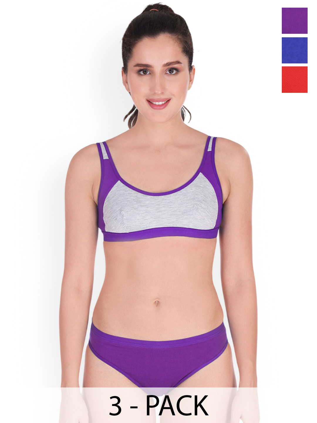 Samvar Pack Of 3 Colorblocked Cotton Non-Wired Non Padded Lingerie Set B_SNYC-Set_R,B,Pu