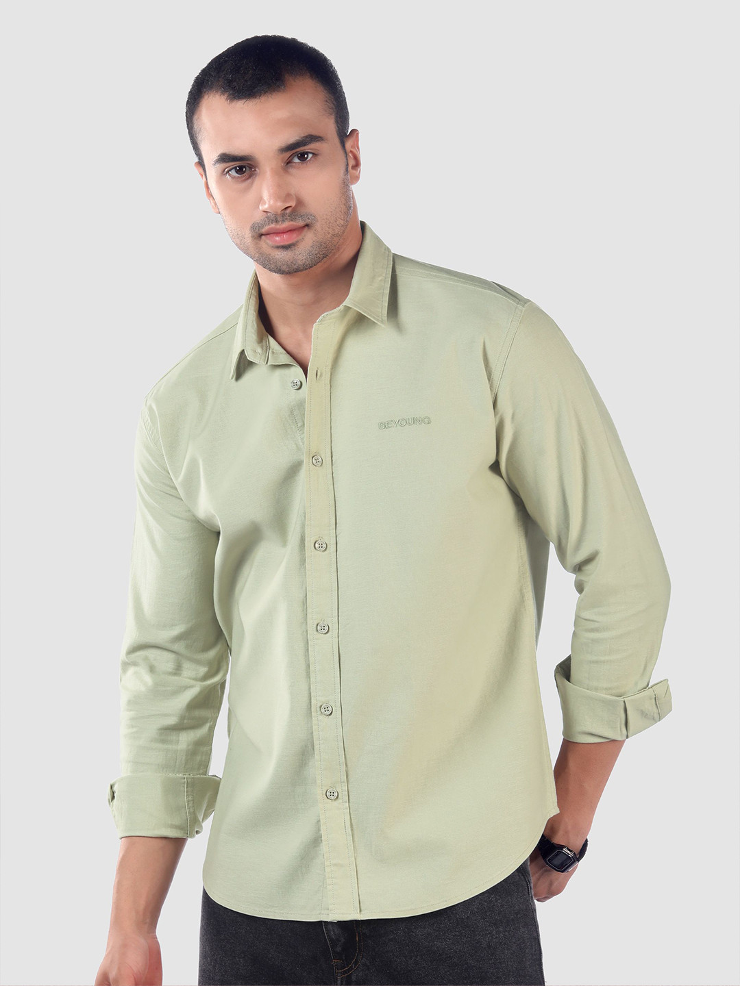Beyoung Men Pista Green Oxford Cotton Shirt