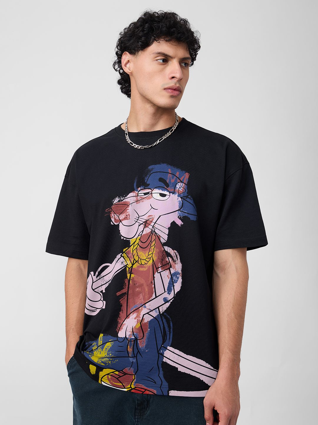 The Souled Store Oversized Pink Panther Too Cool Printed Pure Cotton T-Shirt
