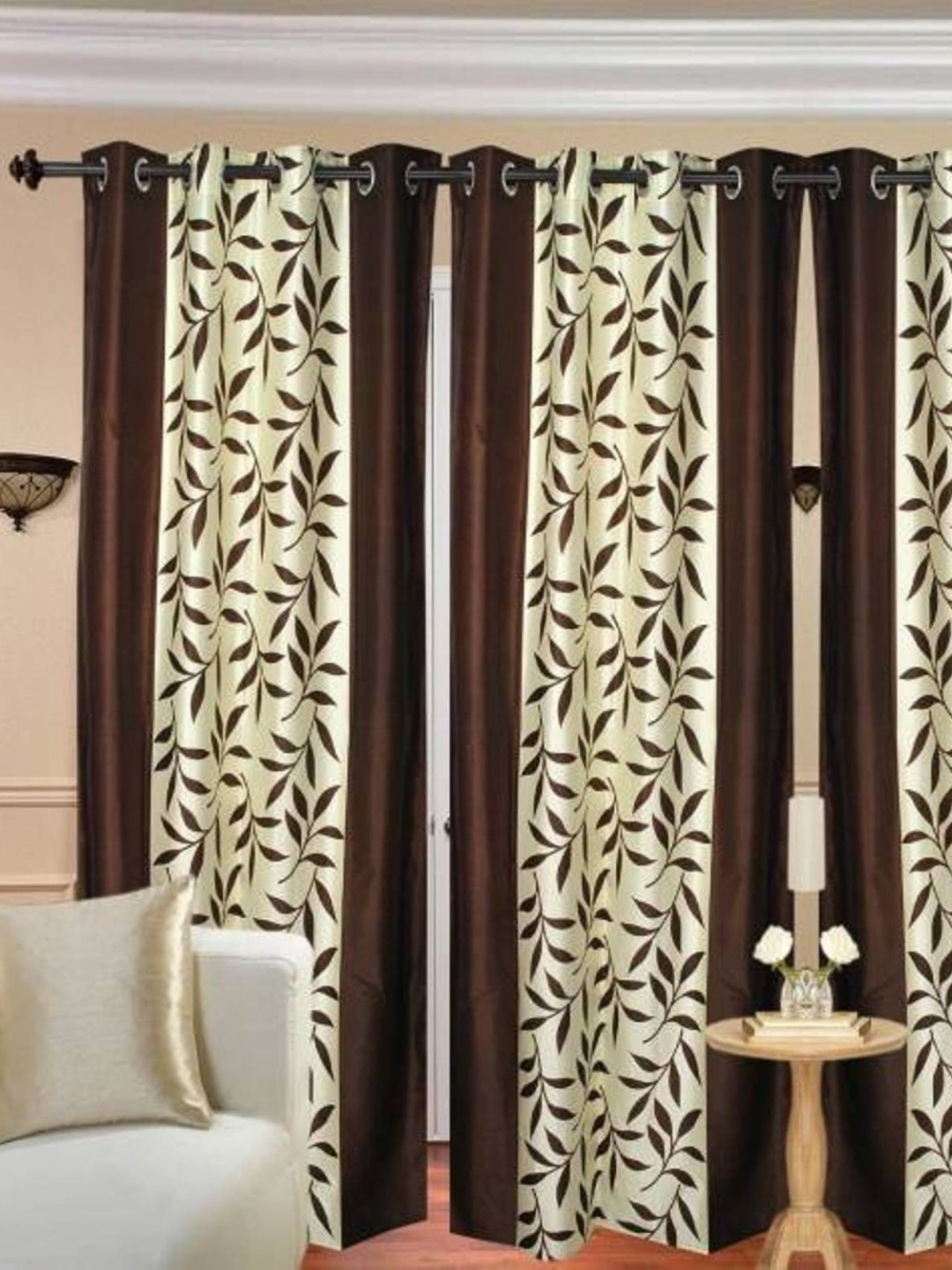 BELLA TRUE Cream And Brown 4 Pieces Floral Printed Regular Long Door Curtains