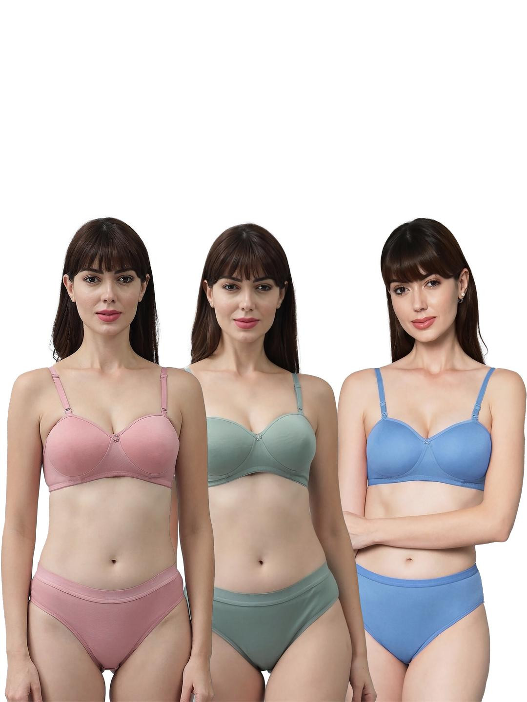 Women Pink,Green,Blue Cotton Bra Panty Set for Lingerie Set Undergarments Pack of 3