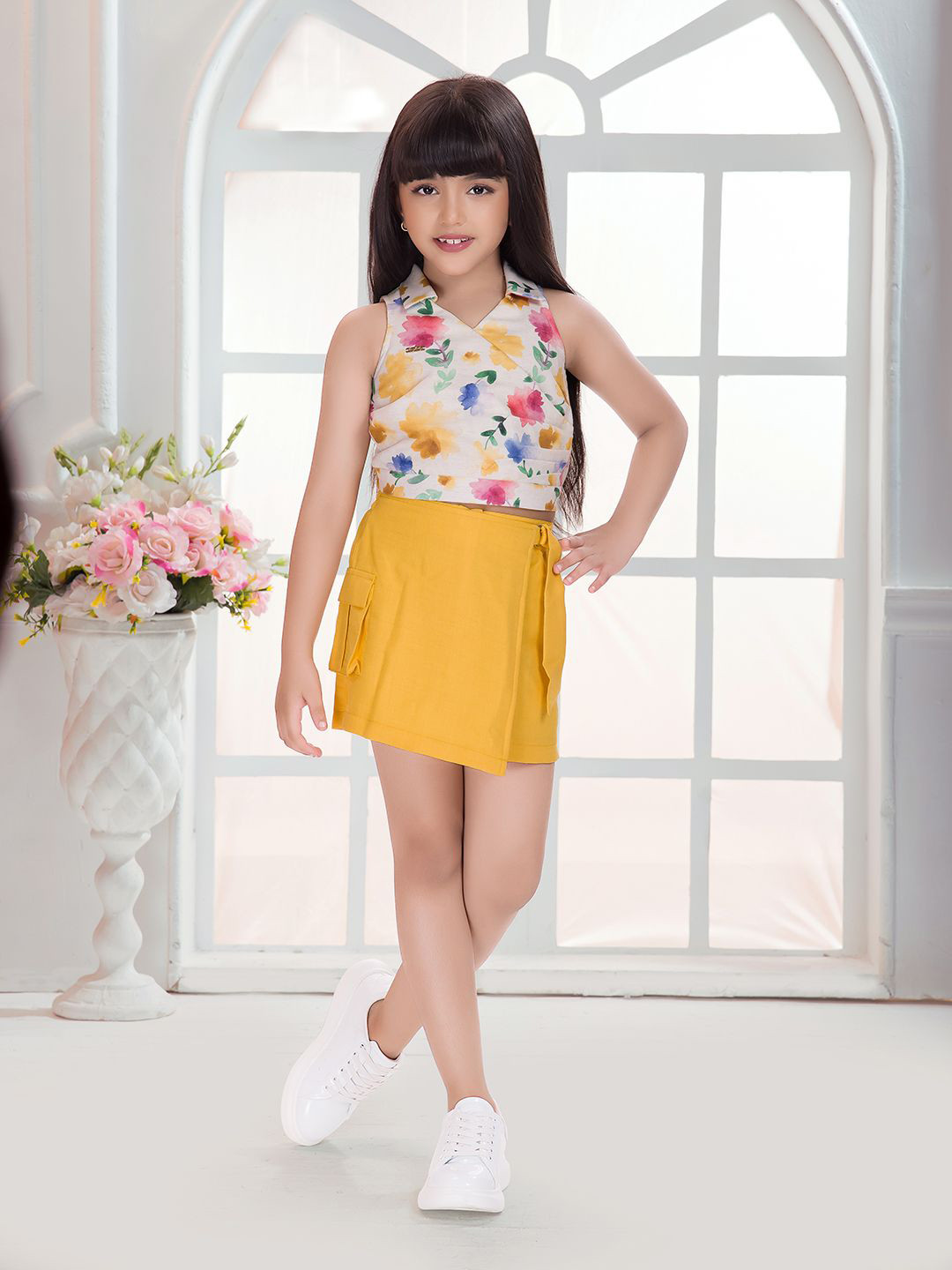 Tiny Baby Girls Printed Shirt Collar Linen Top With Skorts